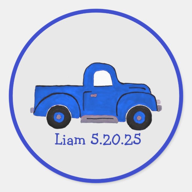 Handbemalte blaue LKW-Kunst, kann Personalisiert s Runder Aufkleber (Vorderseite)