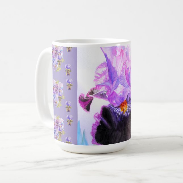 Handbemalte lila Iris Irissen florale Latte-Mug Kaffeetasse (Vorderseite Links)
