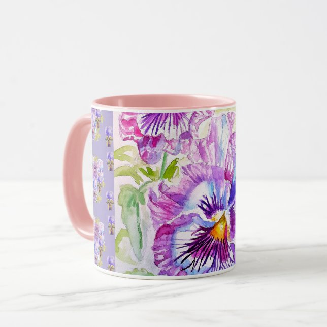 Handbemalte lila Stiefmütterchen Stiefmütterchen B Tasse (Vorderseite Links)