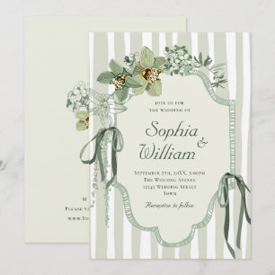 Handbemalte Orchideen-Hochzeit in Salbeigrün Einladung