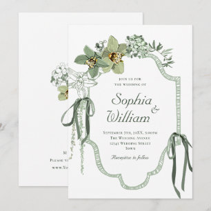 Handbemalte Salbei-grüne Orchideen Hochzeitseinlad Einladung