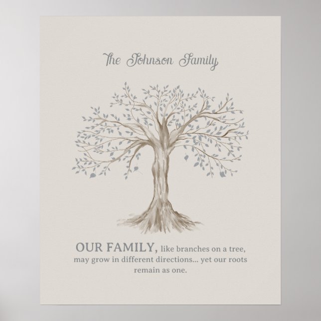 Handbemalter Baum Persönliches Familienzitat Beige Poster (Vorne)