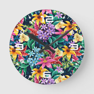 Handbemaltes exotisches Blumenmuster-23001 Runde Wanduhr