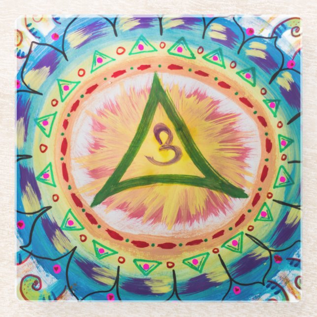 Handbemaltes Wasserfarben-Om-Mandala Glasuntersetzer (Vorderseite)