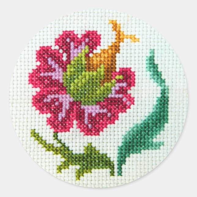 Handbestickte, helle Blume 3 Runder Aufkleber (Vorderseite)