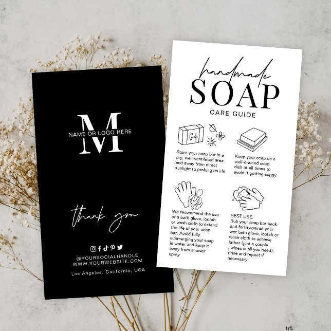 Handbuch für Minimalistische Logohandbücher mit Se Visitenkarte (Artisan soap bar care cards in black and white, featuring care icons and space for your logo)
