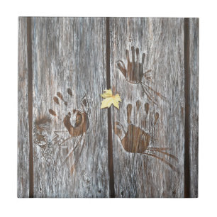 Handdrucke Vögel auf Holzkarten mit Herbstleaf Fliese