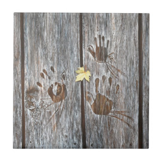 Handdrucke Vögel auf Holzkarten mit Herbstleaf Fliese