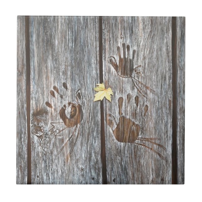 Handdrucke Vögel auf Holzkarten mit Herbstleaf Fliese (Vorderseite)