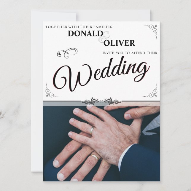 Hände eines homosexuellen Ehepaares mit Rings (Vorderseite)