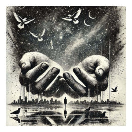 Hände Freisetzung von Vögeln in den Himmel, Schwar Fotodruck