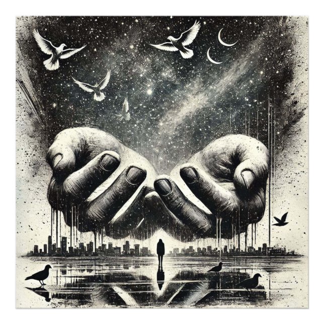 Hände Freisetzung von Vögeln in den Himmel, Schwar Fotodruck (Vorne)