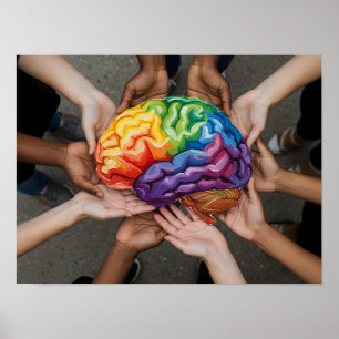 Hände mit Regenbogen-Hirn-Autismus Neurovielfalt Poster