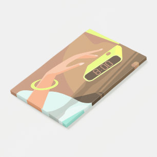 Händeschalten auf den Knopf Wecker-Schlummertaste Post-it Klebezettel