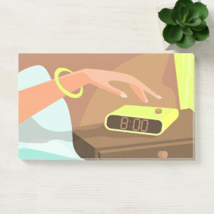 Händeschalten auf den Knopf Wecker-Schlummertaste Post-it Klebezettel