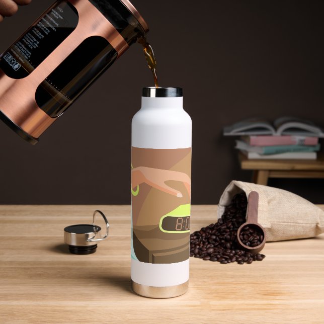 Händeschalten auf den Knopf Wecker-Schlummertaste Trinkflasche (Kaffee)