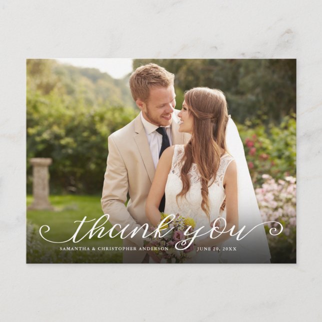 Händeschrift zwei Foto Hochzeit Danke Postkarte (Vorderseite)