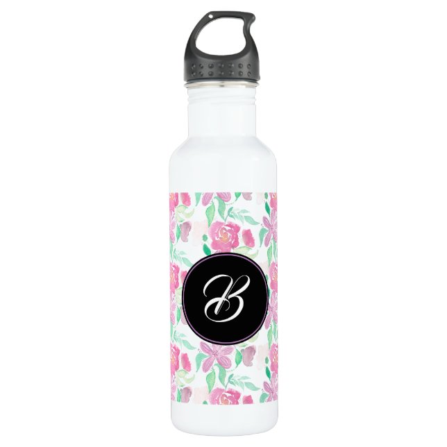 Handfarben Sommer Lila Blumenmonogramm Edelstahlflasche (Vorderseite)