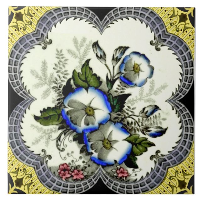 Handfarbene Viktorianische Gerahmte Floral-Transfe Fliese (Vorderseite)