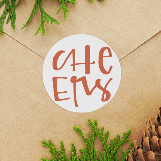 Handgebuchstaben Cheers Holiday Stickers (Red and white hand-lettered Cheers Christmas round sticker.)
