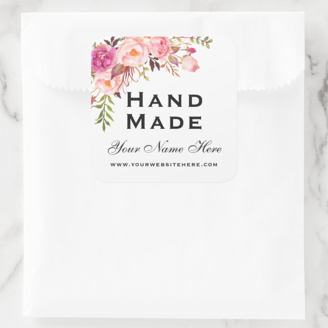 Handgefertigt kleine rosa Wasserfarbe Blüte Quadratischer Aufkleber (Tasche)