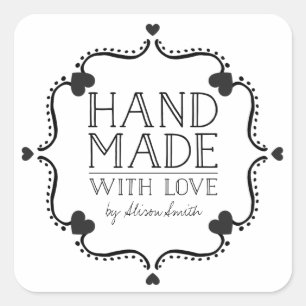 Handgefertigt mit Liebe-Aufklebern mit Herz Quadratischer Aufkleber