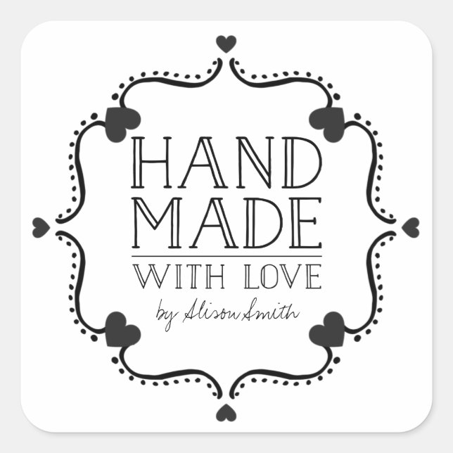 Handgefertigt mit Liebe-Aufklebern mit Herz Quadratischer Aufkleber (Vorderseite)