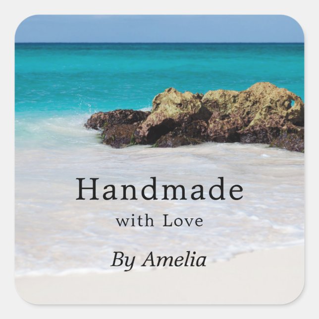 Handgefertigt mit Liebe Azure Ocean Sandy Beach Fo Quadratischer Aufkleber (Vorderseite)
