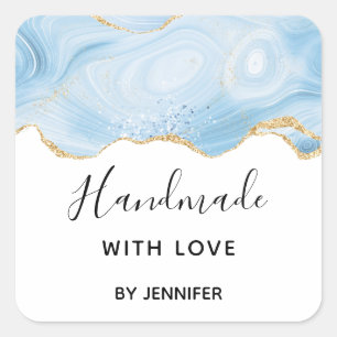 Handgefertigt mit Liebe Blau und Gold Agate Stilvo Quadratischer Aufkleber