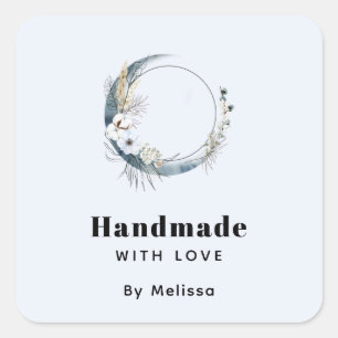 Handgefertigt mit Liebe Blue Crescent Moon Quadratischer Aufkleber