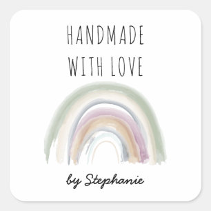 Handgefertigt mit Liebe Boho Regenbogen Quadratischer Aufkleber