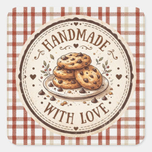 Handgefertigt mit Liebe Chocolate Chip Cookies Quadratischer Aufkleber
