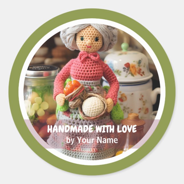 Handgefertigt mit Liebe Crochet Lady Küche Runder Aufkleber (Vorderseite)