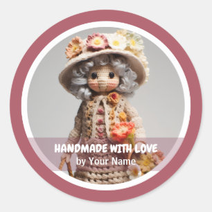 Handgefertigt mit Liebe Crochet Lady rosa Runder Aufkleber