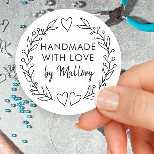 Handgefertigt mit Liebe Doodle Kranz Pinsel Schrif Runder Aufkleber