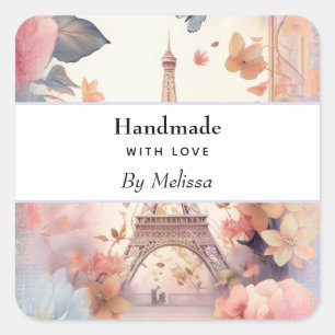 handgefertigt mit Liebe Eiffelturm und Blumen Quadratischer Aufkleber