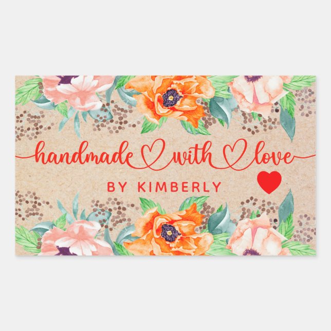 Handgefertigt mit Liebe Floral Rechteckiger Aufkleber (Vorderseite)