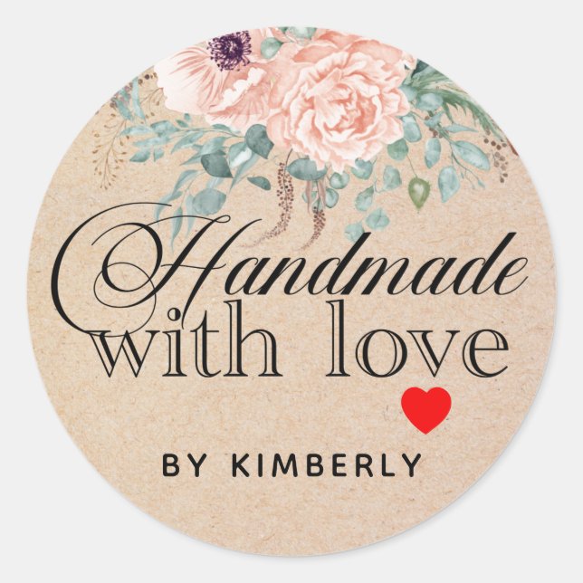 Handgefertigt mit Liebe Floral Runder Aufkleber (Vorderseite)