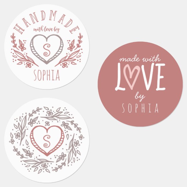 Handgefertigt mit Liebe Florals, Herz und Monogram Etiketten (Gruppe)