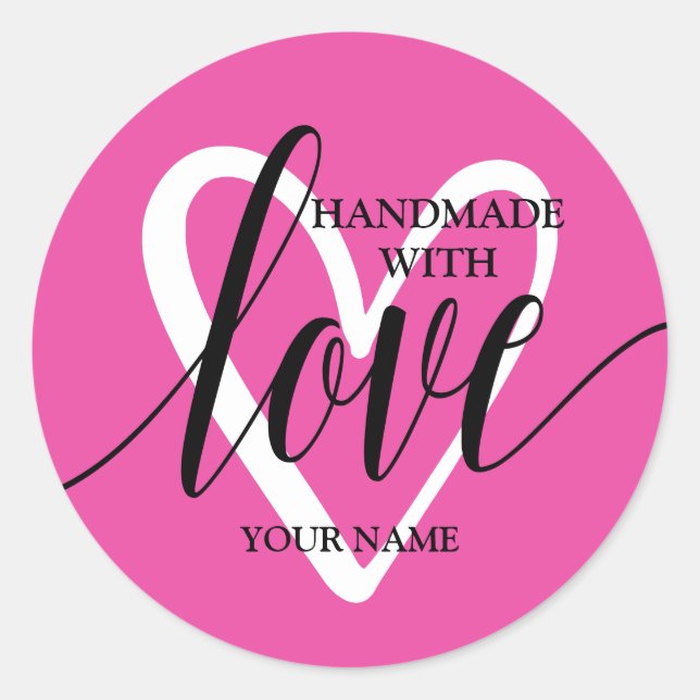 Handgefertigt mit Liebe Herz auf Hot Pink Runder Aufkleber (Vorderseite)