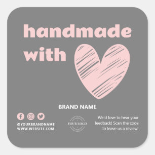 Handgefertigt mit Liebe-Herz-Logo Graurosa Box Sie Quadratischer Aufkleber