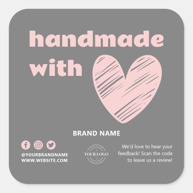 Handgefertigt mit Liebe-Herz-Logo Graurosa Box Sie Quadratischer Aufkleber (Vorderseite)