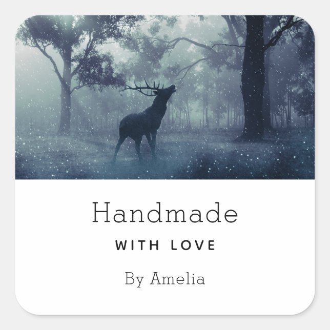 Handgefertigt mit Liebe Hirsch mit Antlern in eine Quadratischer Aufkleber (Vorderseite)