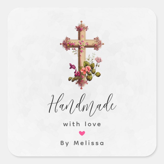 Handgefertigt mit Liebe Holzkreuz mit Blume Quadratischer Aufkleber (Vorderseite)