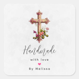Handgefertigt mit Liebe Holzkreuz mit Blume Quadratischer Aufkleber