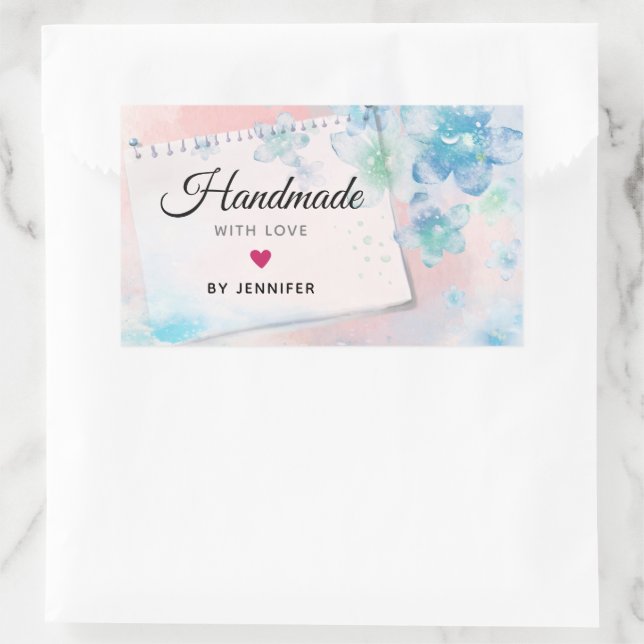 handgefertigt mit Liebe Hübsch Blue Blumen auf Ros Rechteckiger Aufkleber (Tasche)