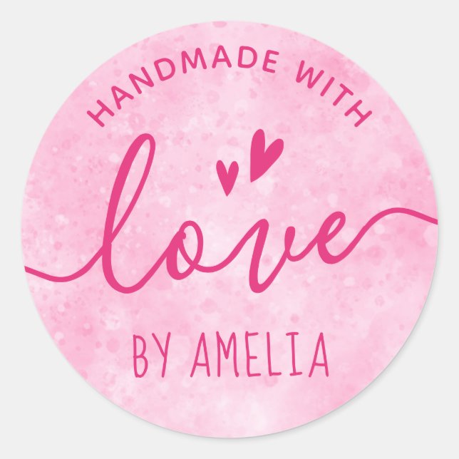 Handgefertigt mit Liebe individuelle Name rosa Runder Aufkleber (Vorderseite)