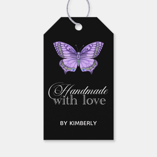 Handgefertigt mit Liebe Lila Butterfly Black Geschenkanhänger (Vorderseite)