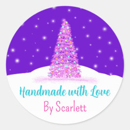 Handgefertigt mit Liebe Lila Weihnachtsbaum Runder Aufkleber