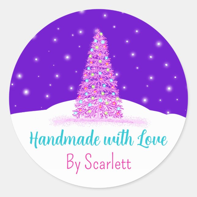 Handgefertigt mit Liebe Lila Weihnachtsbaum Runder Aufkleber (Vorderseite)